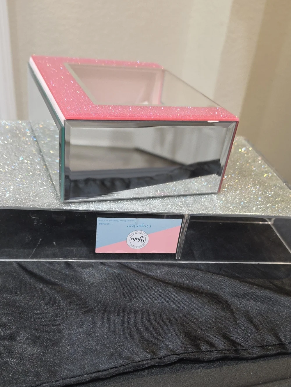 At Home Pink Glitter Mirrored Decorative Jewelry Organizer Box